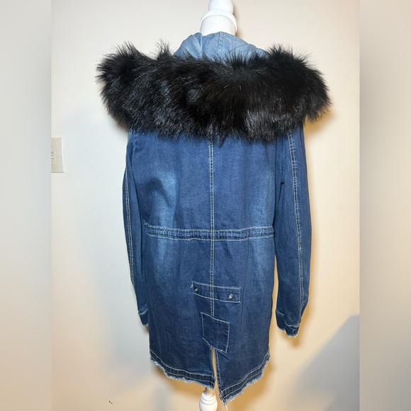 Denim Parka Jacket with Removable Faux Fur Trim Hood - Picture 5 of 6